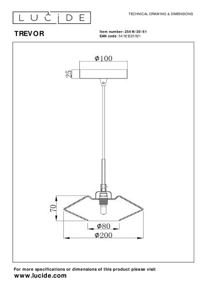 Lucide TREVOR - Hanglamp - Ø 20 cm - 1xG9 - Opaal - technisch